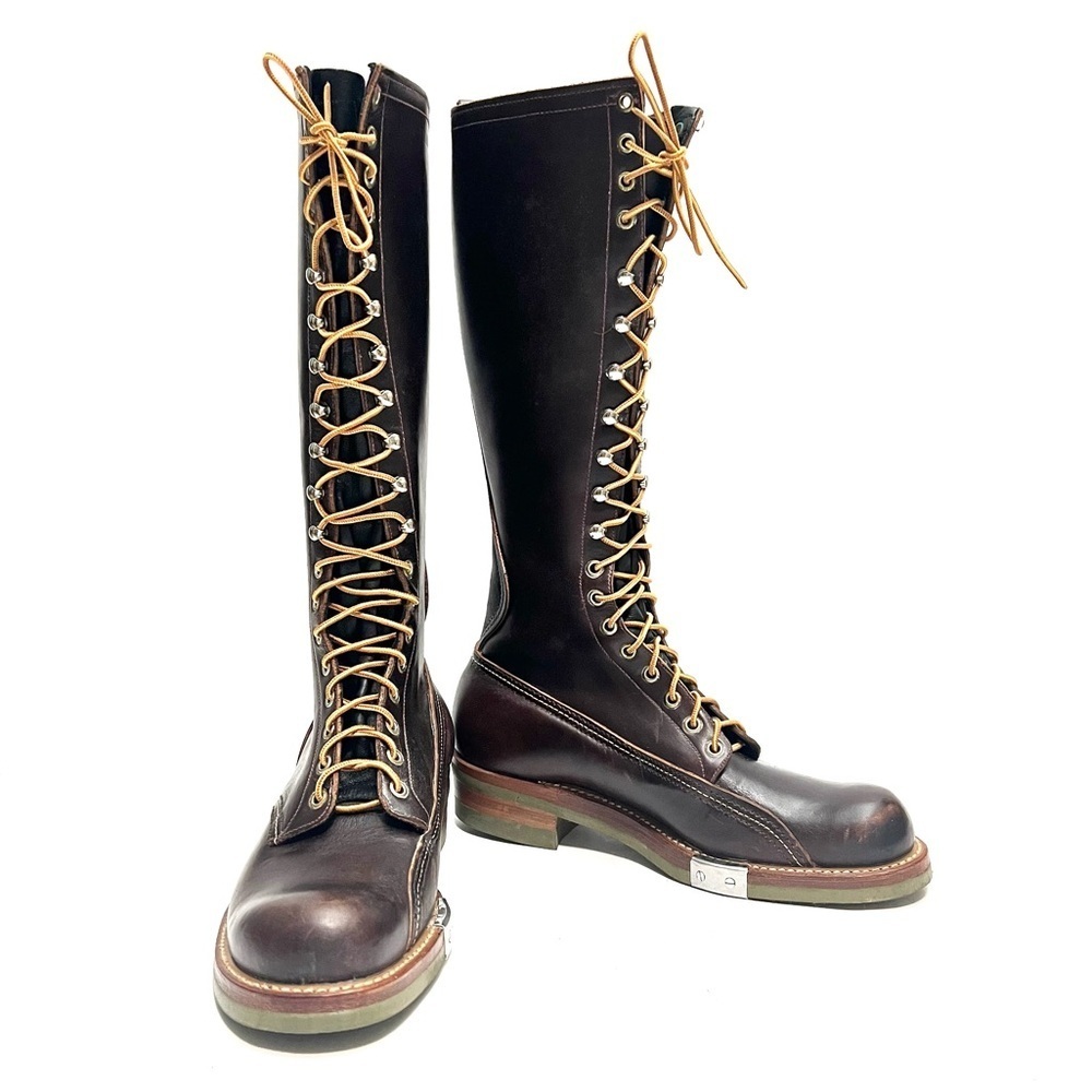 Vintage 1990s brown leather lineman logger knee high lace up green sole boots